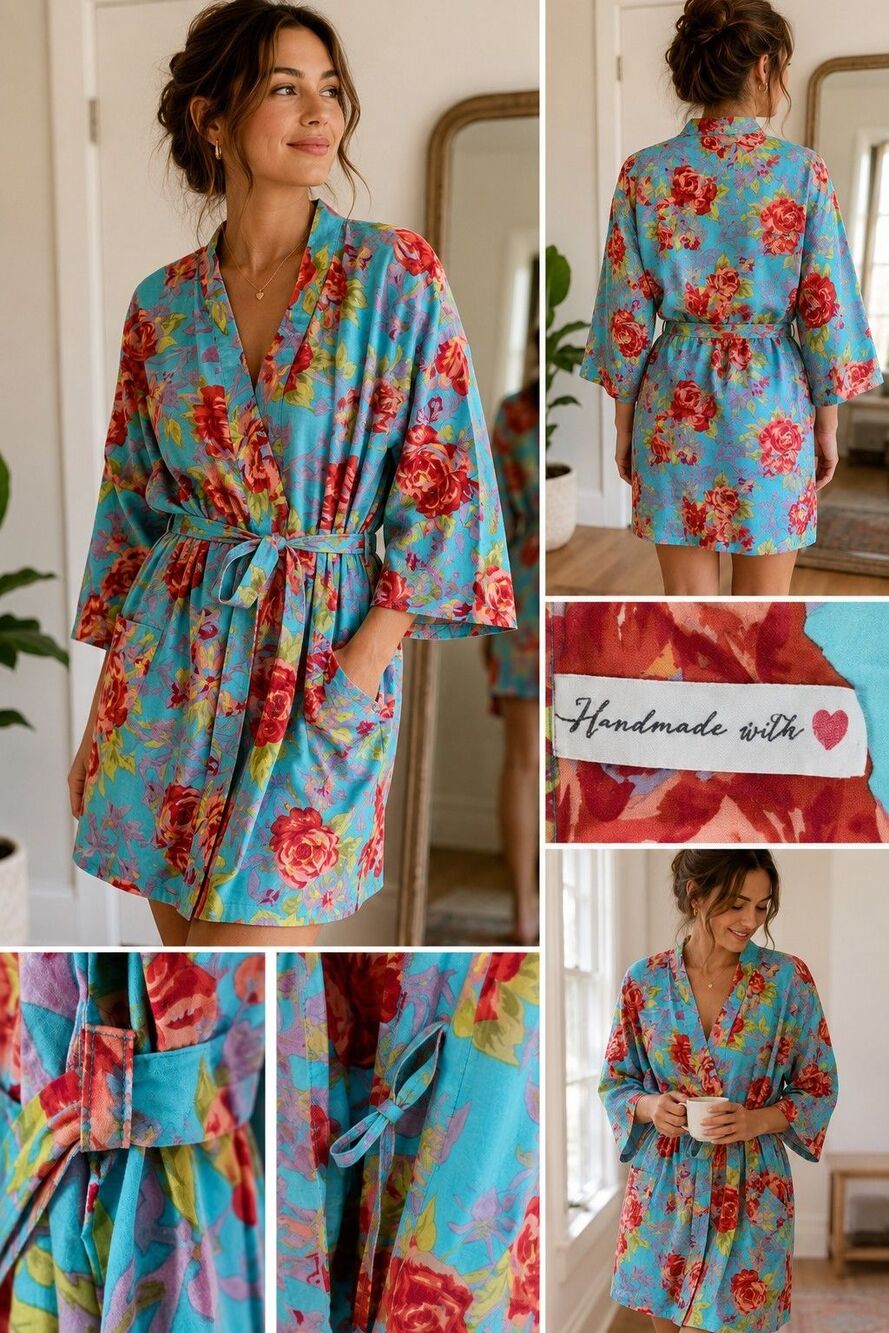 Handmade Floral Kimono Robe Turquoise Cotton Wrap Cover Up Belted Size L